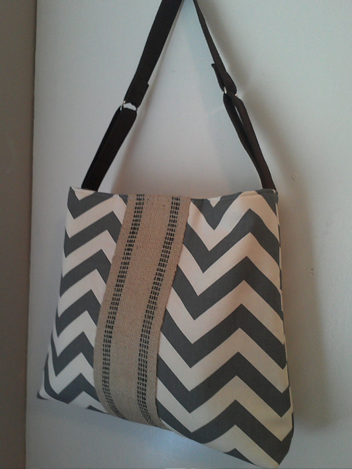 Handbag Tote with Dark Grey Chevron and Jute Webbing