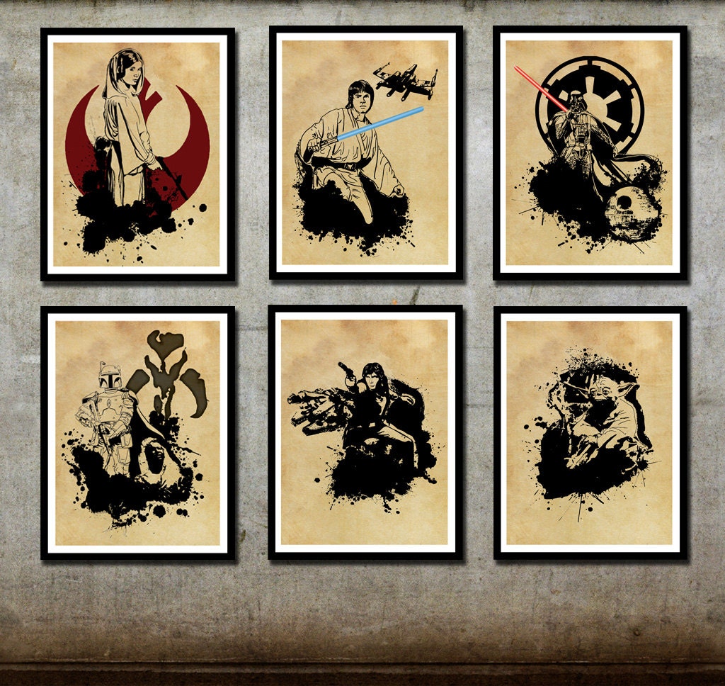 Star Wars Poster Set 6 posters Luke Leia Yoda Boba Fett Vader Han Solo 11 x 17 Print