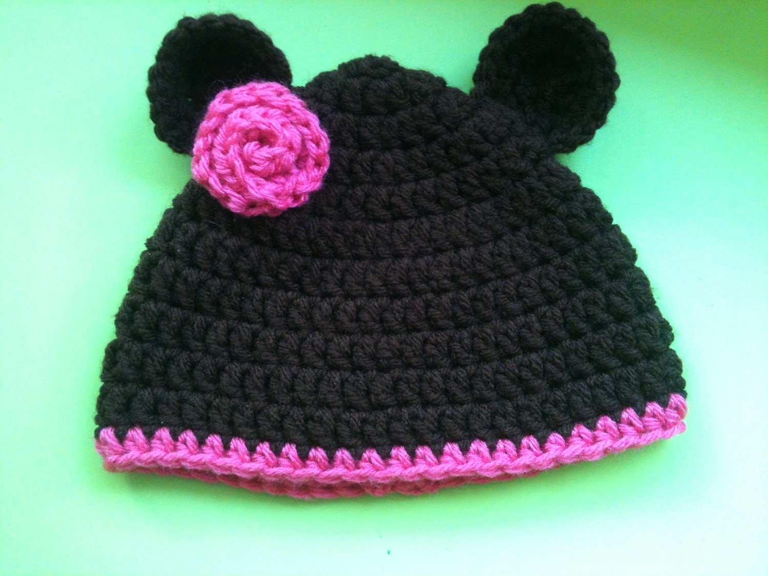 Baby Bear Hat with Pink Rosette 6-12 Months- Ready to Ship