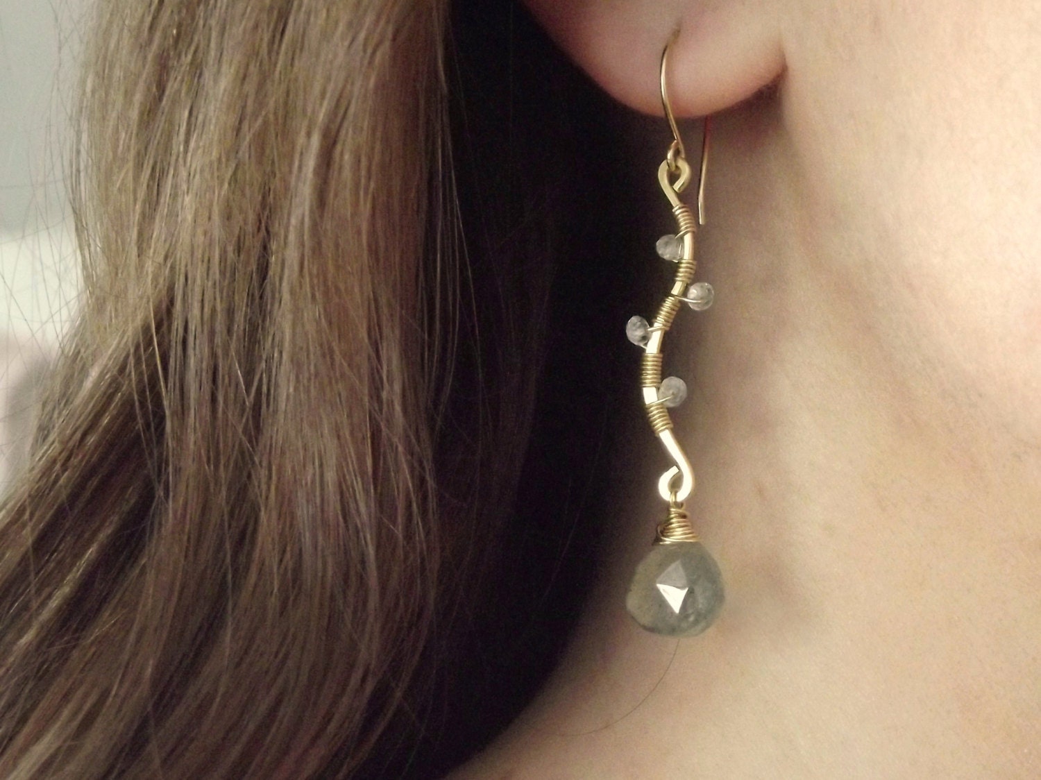 Aquamarine, Moss Aquamarine & 14k Gold Filled Leaves on a Branch Earrings