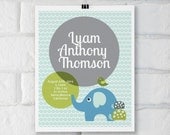 Elephant . Boy . Custom Baby Birth Announcement . Nursery Wall Art