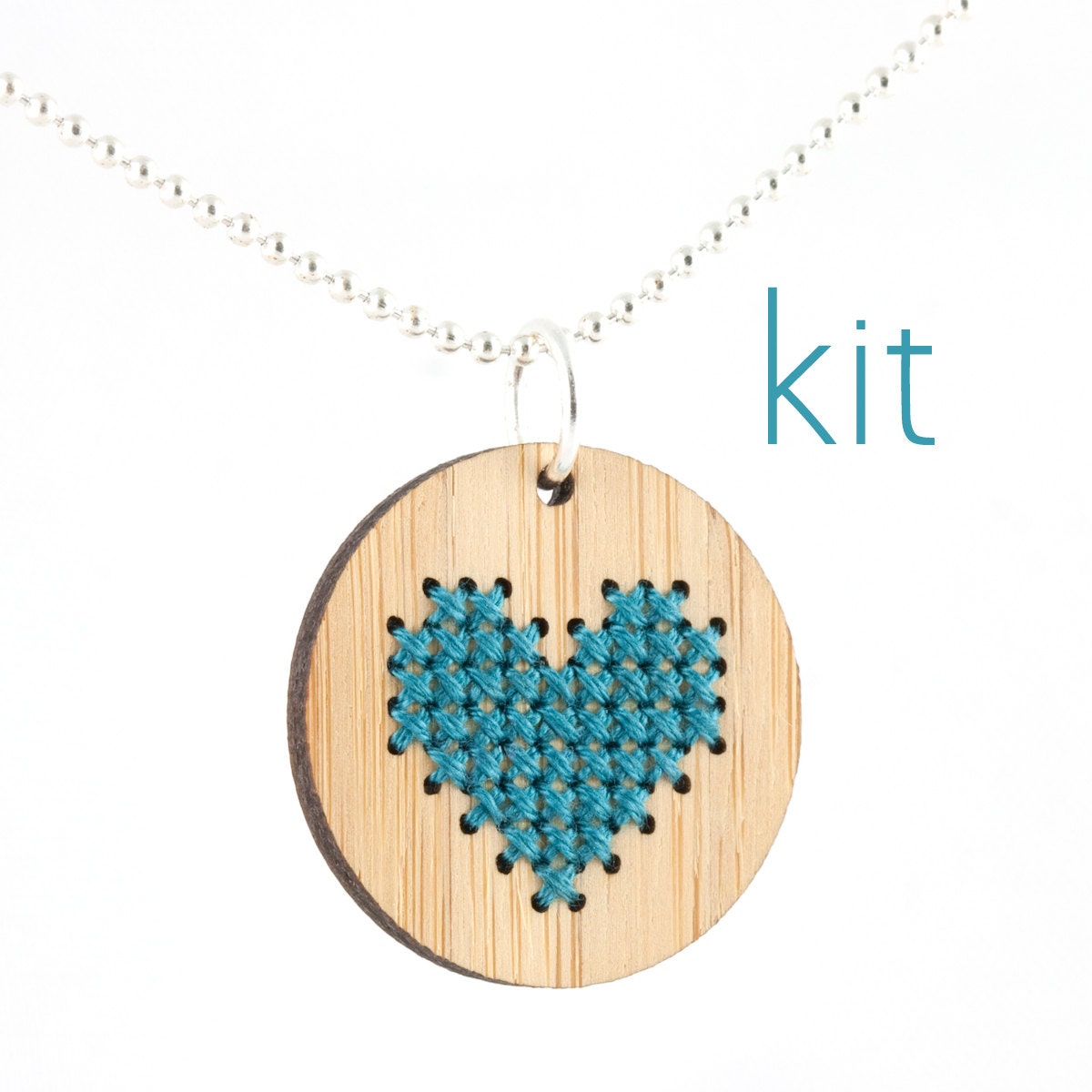DIY Cross Stitch Necklace Kit, Bamboo Heart Pendant in Blue