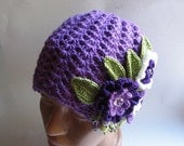 Beanie  in Purple with Flowers OOAK  Wool eco friendly Free Shipping