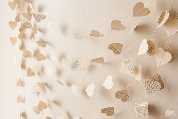 Paper Heart Garland, Valentine decoration, Recycled Wedding decoration, 20ft / 6m, Vintage, Custom