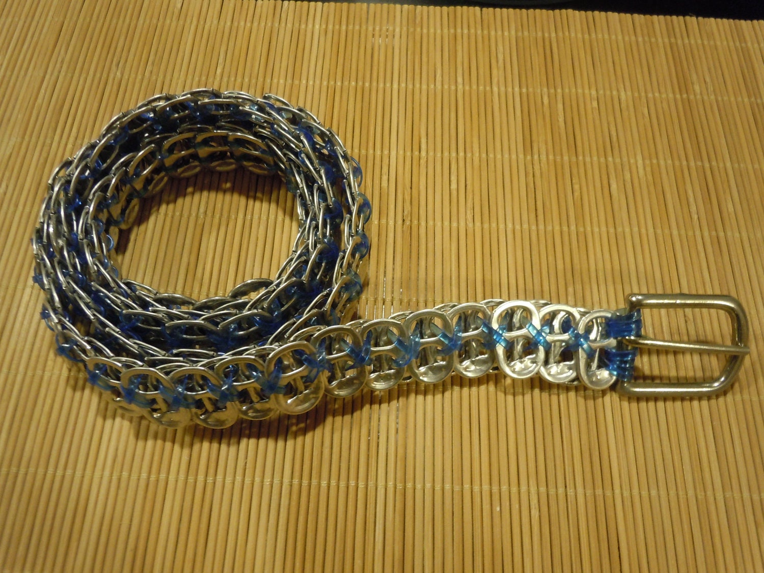 RECYCLED can TAB BELT transparent blue silver buckle 40"  Featured on Good Morning America's  Earth Day 15 Coolest Recycled Items