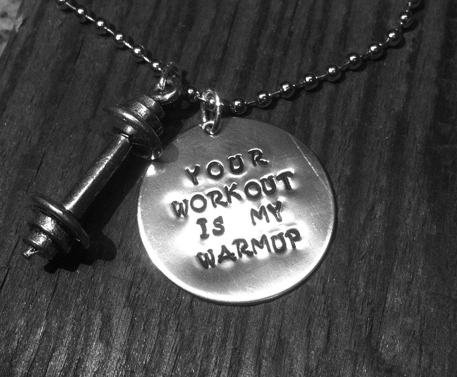 Your Workout is My Warmup' silver with pewter barbell... Crossfit workout
