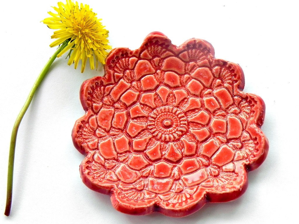 Ceramic Flower Plate Poppy Red Dish Lace Pattern Ring Holder Valentine Pottery