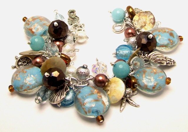 Ocean Beach Charm Bracelet 'Treasure Island' Chunky Beaded Beads Baubles Silver Plated Cha Cha Charms Beach Jewelry