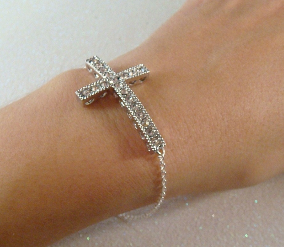 CHRISTIAN jewelry Silver Rhinestone Sideway Cross BRACELET or NECKLACE / Sterling silver cross necklace chain silver bracelet