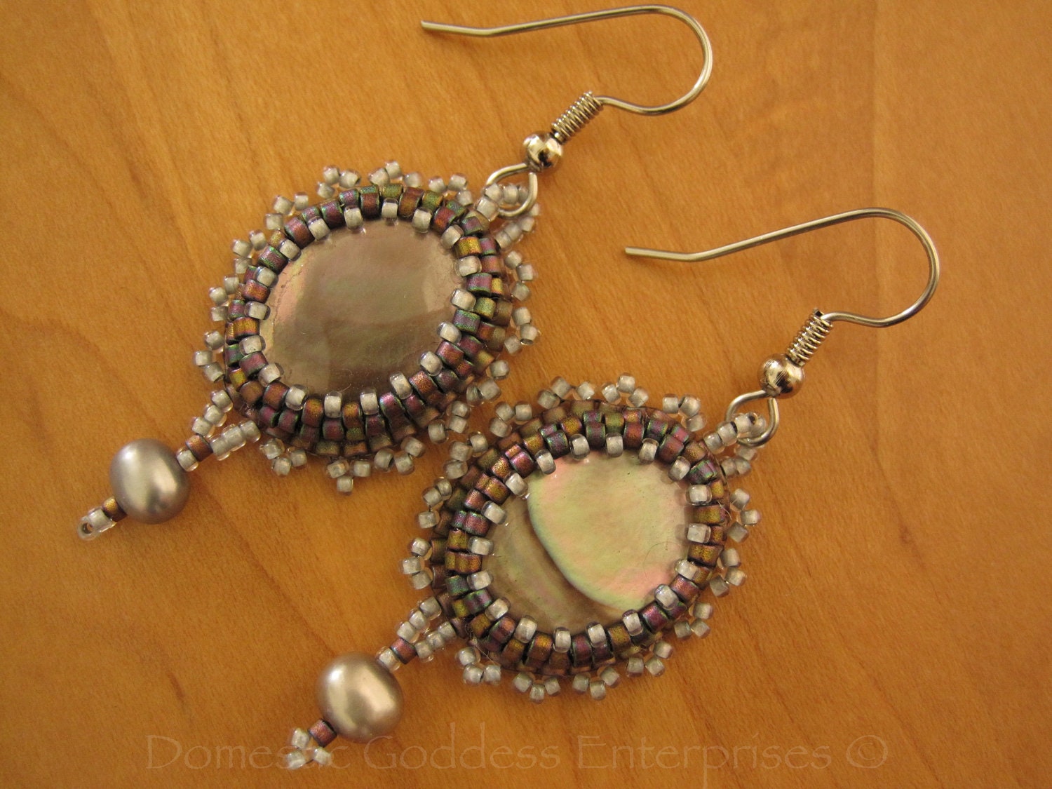 Bead Embroidered Mother of Pearl Earrings
