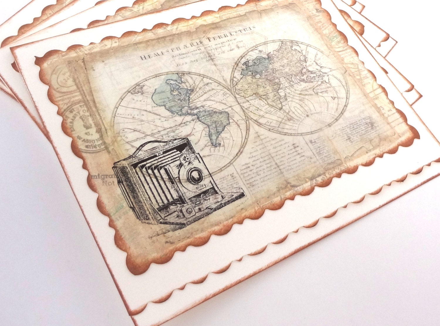Map Note Cards, Travel Note Card Set, Retro Camera, Travel Stationery, Old World Map, Geography, Travel Map Cards, Travel Gift, Set of 4