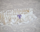 Ivory Lace Bridal Garter, Garter Set, Custom Initials, Purple, Violet, Garter with Flowers, Something Blue Garter Set