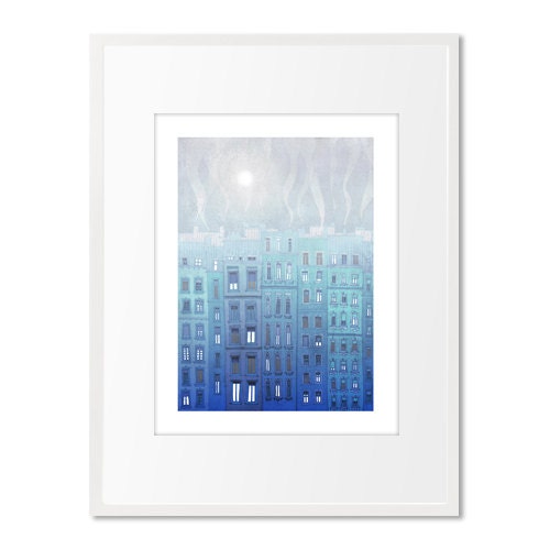 Foggy day in Paris - Paris illustration - Paris art illustration print - Paris decor -Love, light blue, white, Paris,France, French