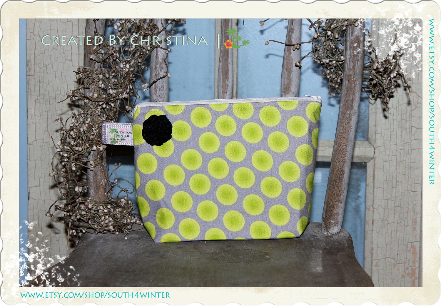 ON SALE  Medium Size Zippered Pouch - Green and Grey Dots with Black Rose