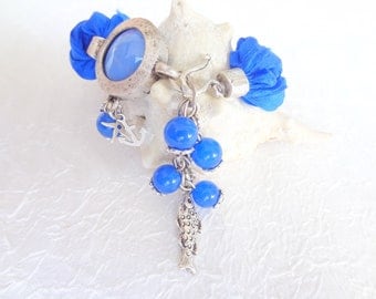 Cobalt Blue Turkish Silk Bracelet-Blue Pendant Bracelet-Silver Plated Bracelet