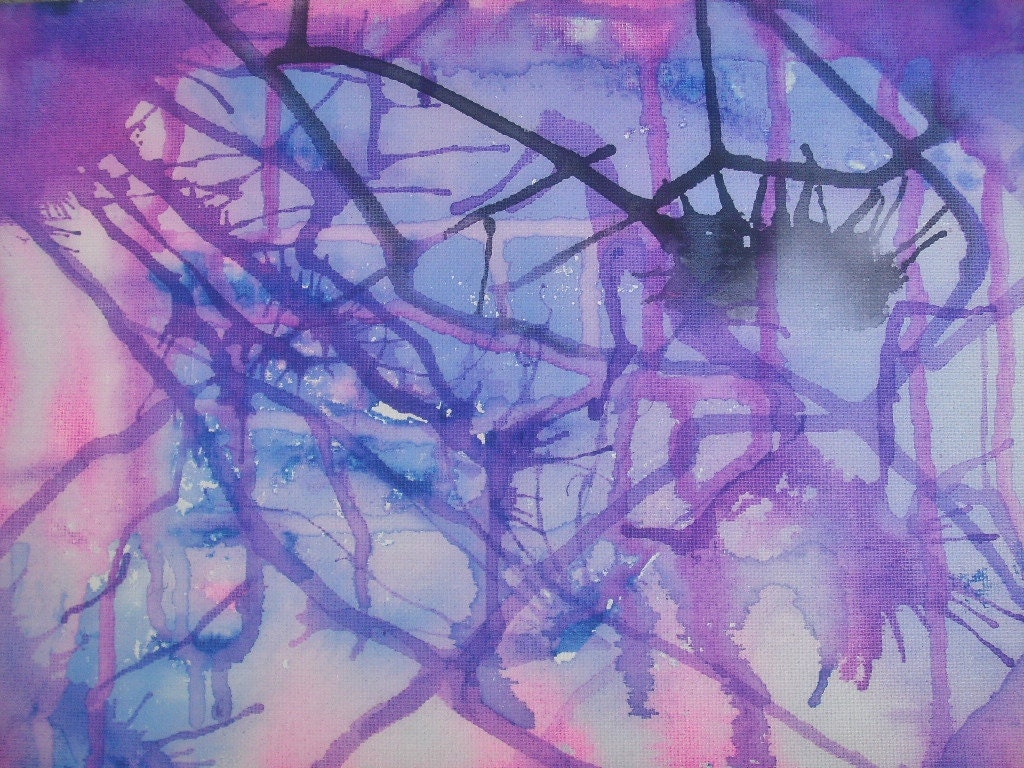 Ink drawing, canvas panel, 9x12, non-objective, blue, purple, pink, black, original, one of a kind