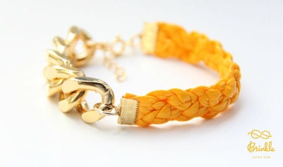 Arm candy - Gold Extra chunky chain with Yellow leather braid Bracelet - 24k gold plated