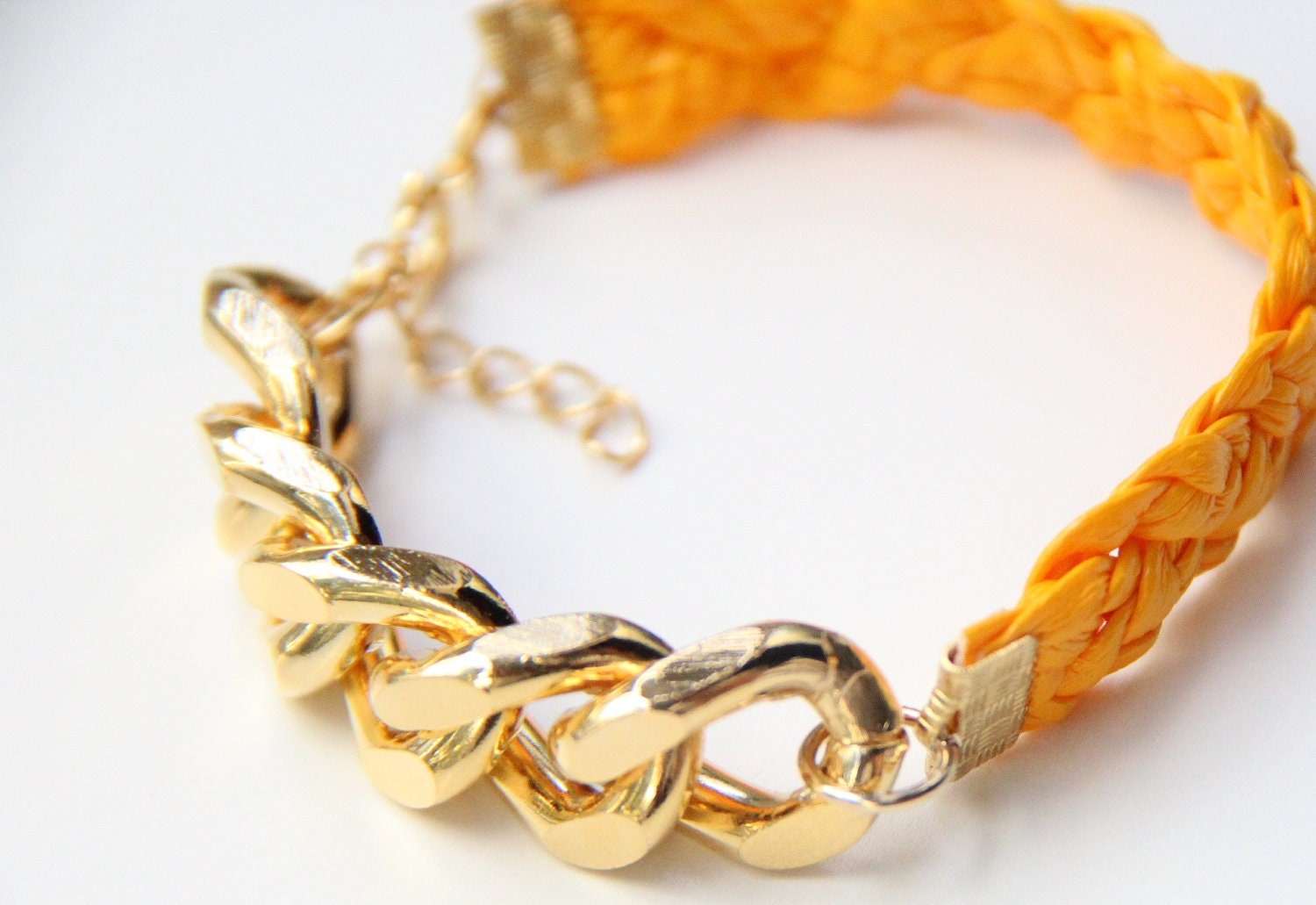 Arm candy - Gold Extra chunky chain with Yellow leather braid Bracelet - 24k gold plated