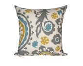 Summerland Yellow, Blue, Grey Suzani Pillow Cover 16" x 16" Hidden Zipper Closure