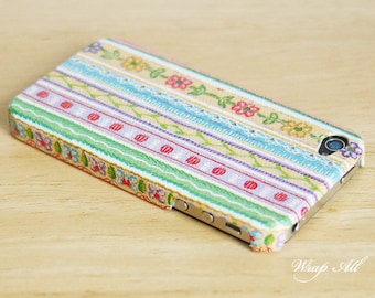 Ribbon rows picture iPhone 4 case /  Floral iPhone 4s case/ Fancy stripes iPhone case / Decoupage iphone case