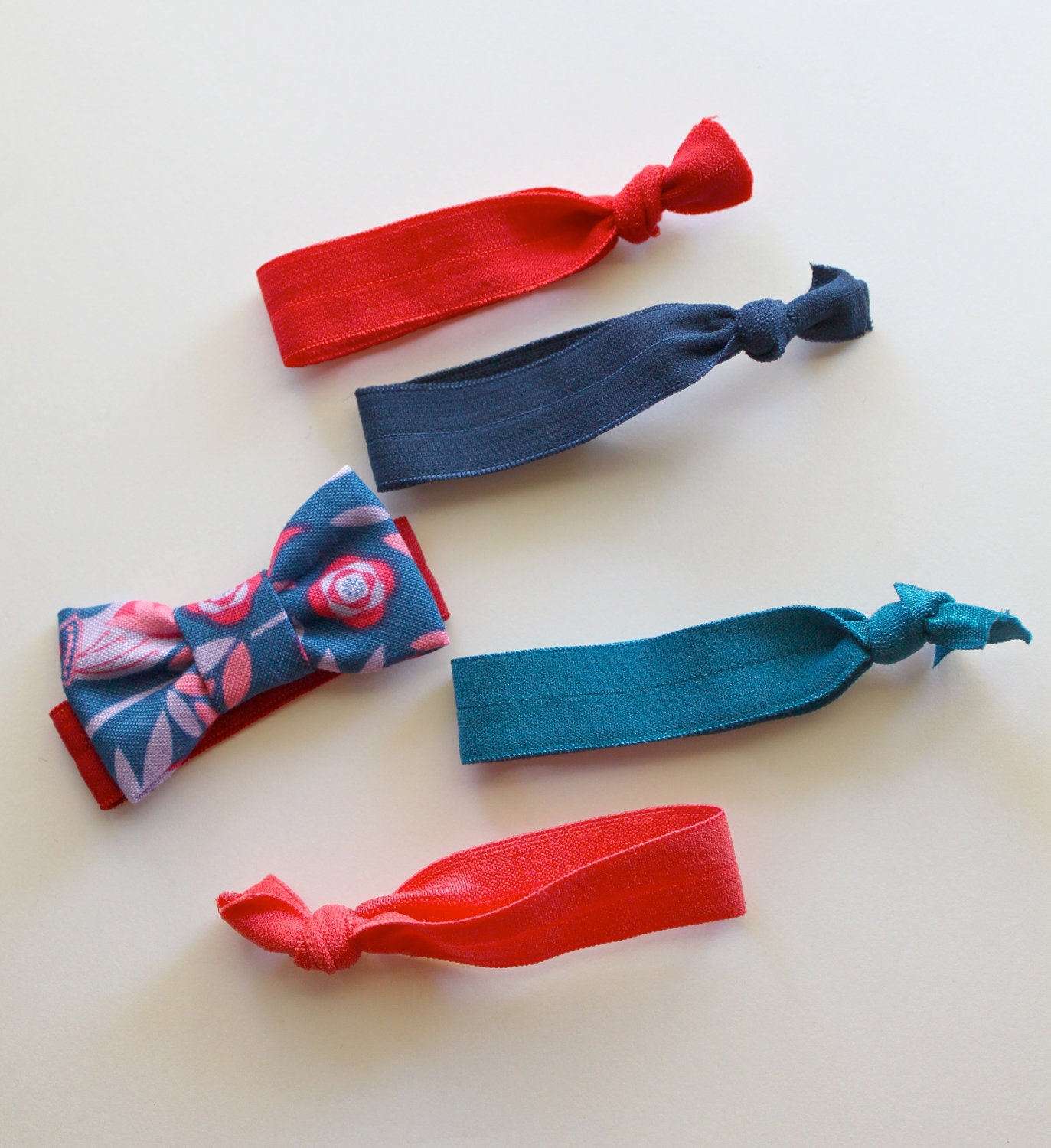 Blue and Red Floral Bow Hair Tie Set