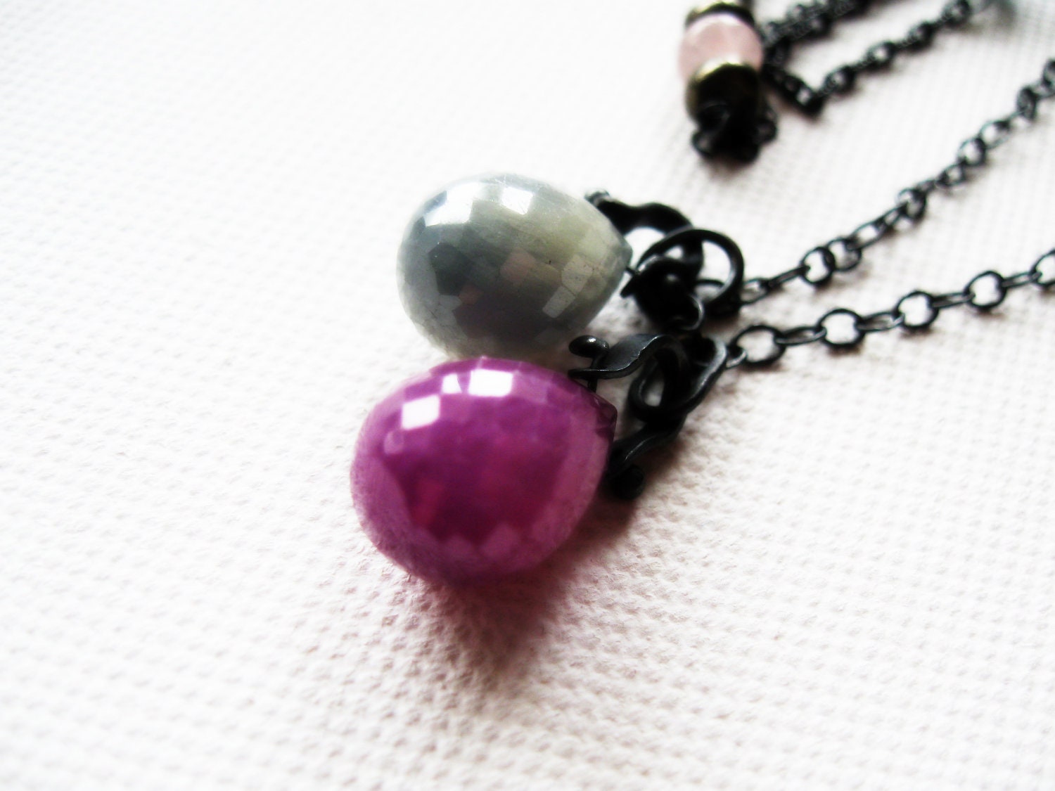 Umba Sapphire Necklace Sterling Silver Pink Blue Green Sapphire Hemimorphite Pyrite Rose Quartz