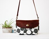 Clutch purse, black and white fabric, leather flap, detachable strap