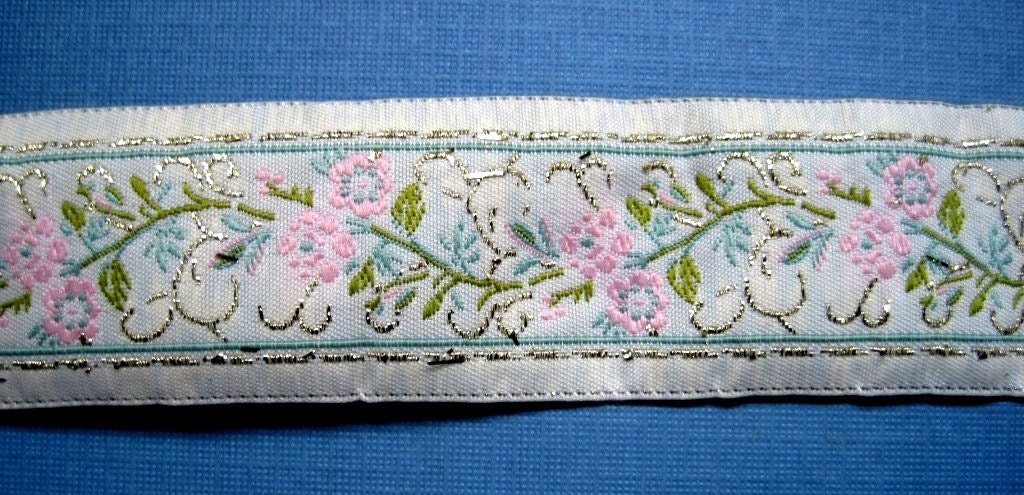 Jacquard Embroidered Ribbon, White / Pink / Gold / Moss / Sage, 1 1/4 inch wide, 1 yard, For Home Decor, Accessories, Apparel