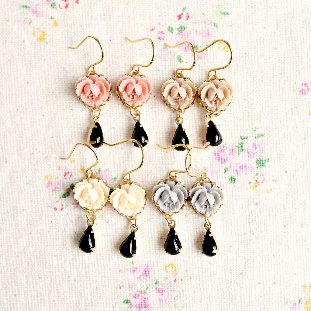 Four Bridesmaids Little Roses and Black Charm Dangle Earrings for Eighty Dollars