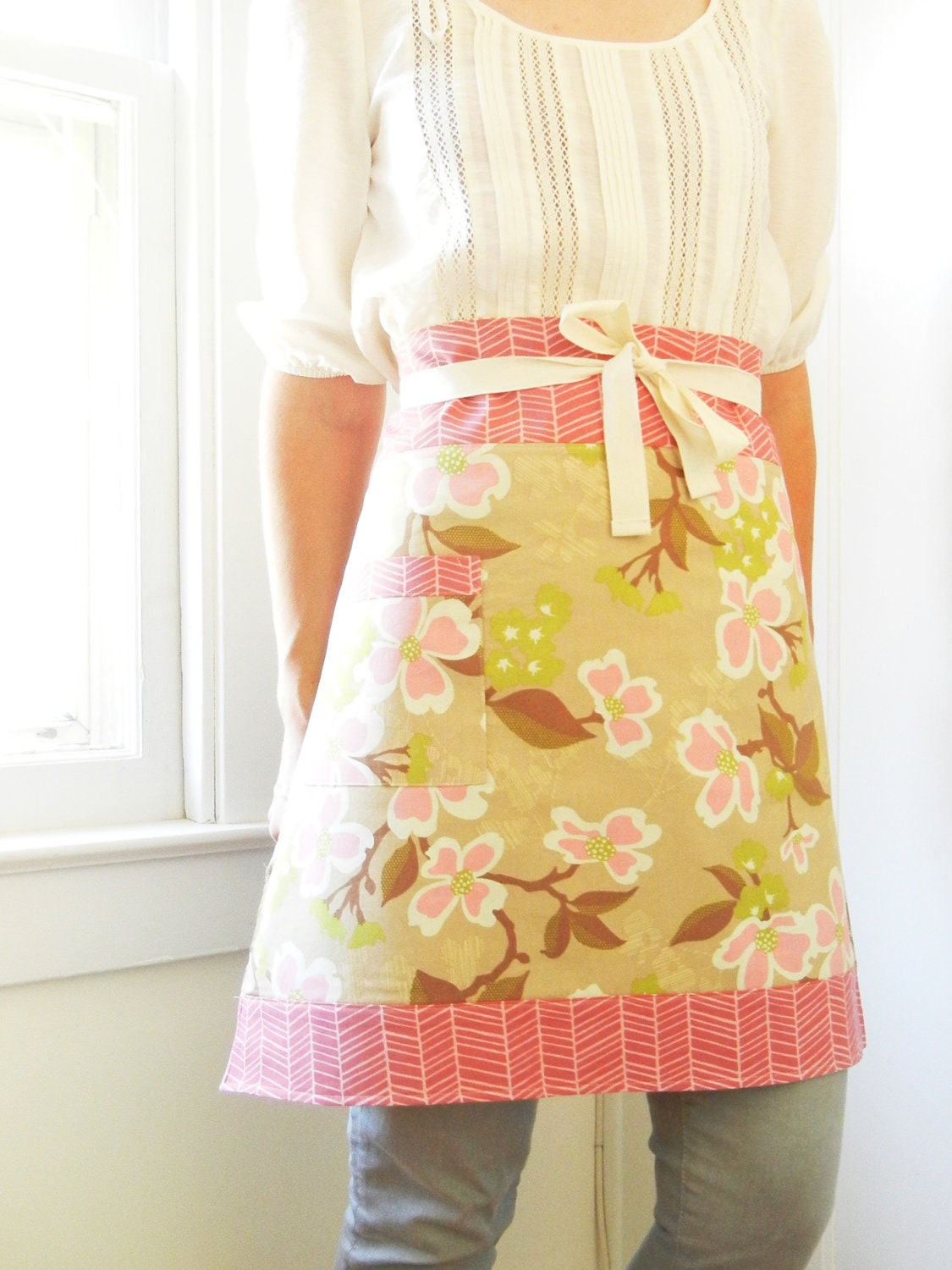 Modern flowers reversible half apron - women's Joel Dewberry - blue, cream, brown, rose, lime
