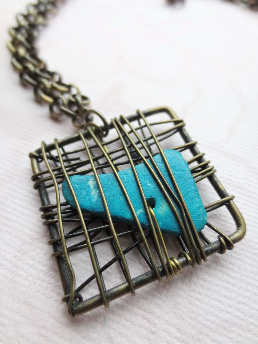 Wire Wrapped Pendant Necklace, Brass Wire Square and Turquoise Bead, Wire Jewelry