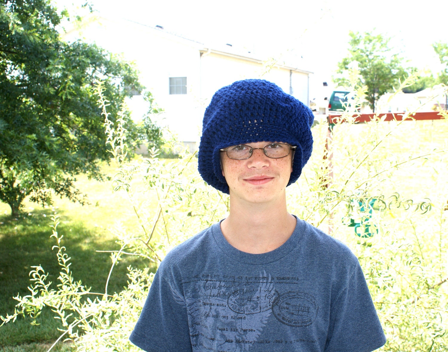 Slouchy Beanie, Mens Navy Blue Slouch Hat, Slouchy Cap, Teens Hipster Knit Dread Cap, Skaters Hat, Crochet Slouch Hat,  Blue Crochet Hat
