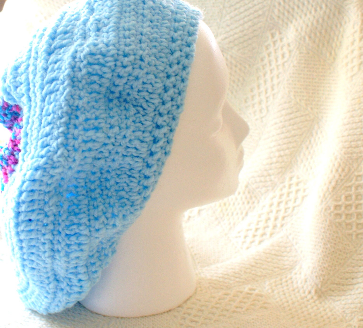 Womens Blue Beret, Crochet Slouch Hat, Large Beret, Slouchy Cap, Beanie, Slouchy Hat, Light Blue Tam, Womens Slouch Hat, French Hat