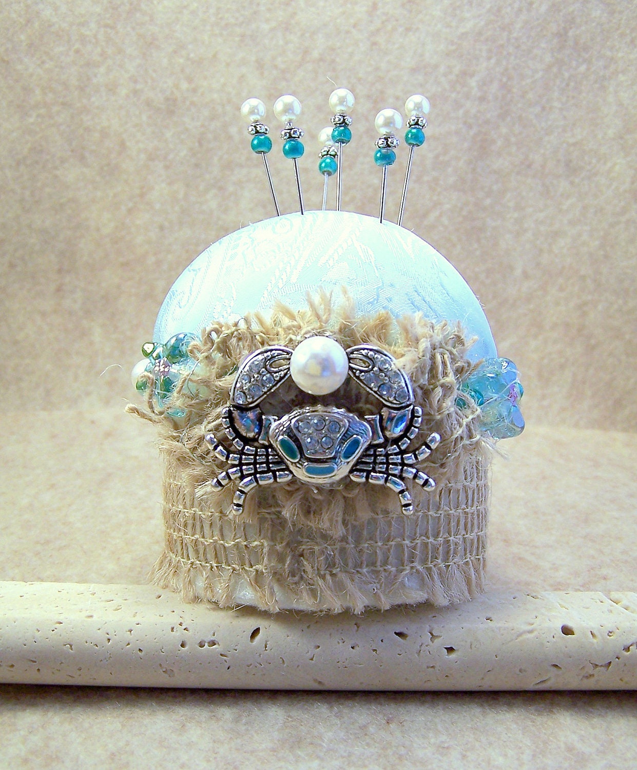 Beach sea life silver horoscope sign cancer light aqua cream and natural burlap pin cushion with decorative straight pins TAGT - GaffneyGirlStudio Beach sea life silver horoscope sign cancer light aqua cream and natural burlap pin cushion with decorative straight pins TAGT - GaffneyGirlStudio