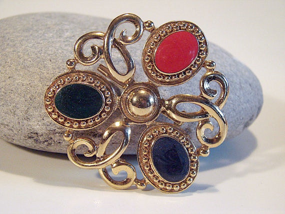 SALE Vintage 1960s Enamel and Golden Brooch Multi Colored