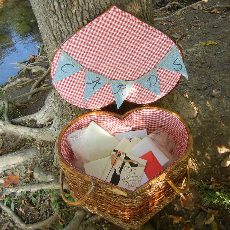 Rustic Heart Shaped Picnic Basket Card Box for Wedding with Fabric Bunting / Pennant - DivaRising