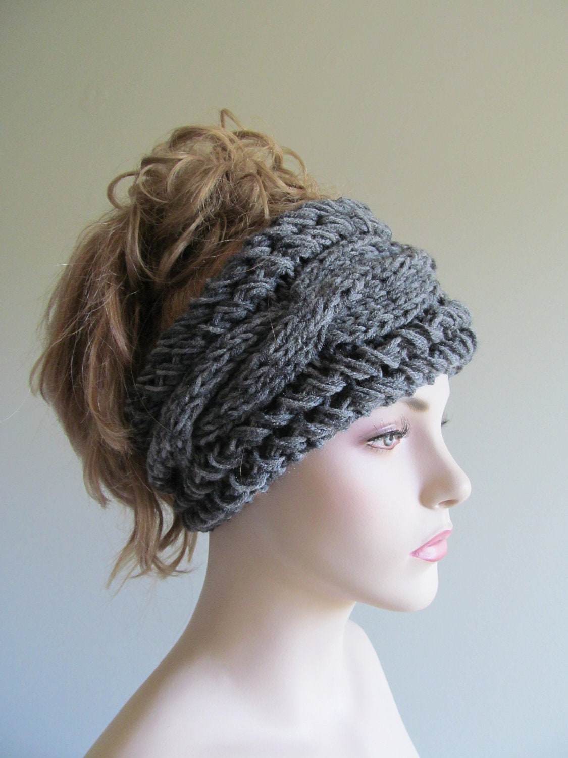 Knitted Grey Cabled Headbands Earwarmers Gray Fall Accessories Headcovers Womens Girls Headwraps