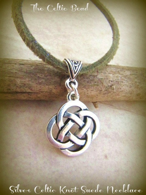Silver Celtic Irish Knot Necklace on Green Olive Suede Chain