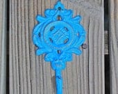 Wall Hook /Bright Blue /Bright Shabby Chic Decor /Painted Ornate Hanger /Metal Key Holder /Bathroom Fixture /Bedroom /Mud Room Rack /Nursery