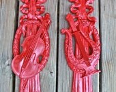 Vintage Wall Decor  /Bright Red wall hanging set /Fixture /Up cycled home decor /1970s vintage ornate wall plaque /Violin and Harp
