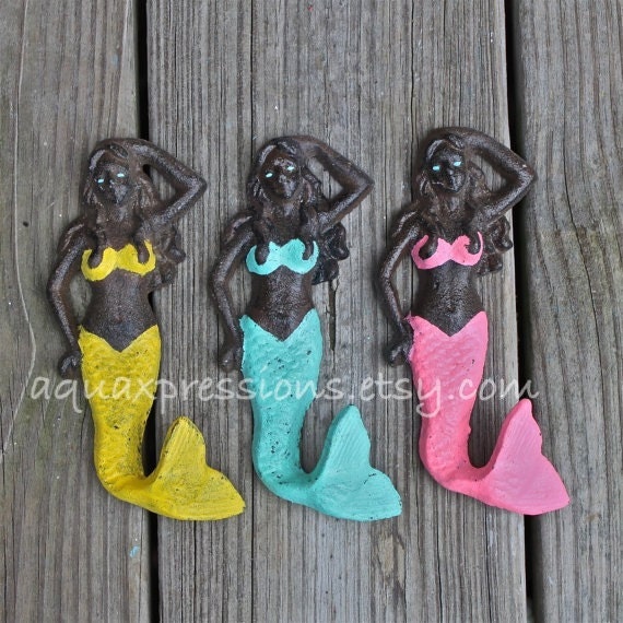 Mermaid Cast Iron Hook Set, Aquamarine, Yellow ,Bright Pink, Cottage, Coastal, Shabby Chic, Bath hook