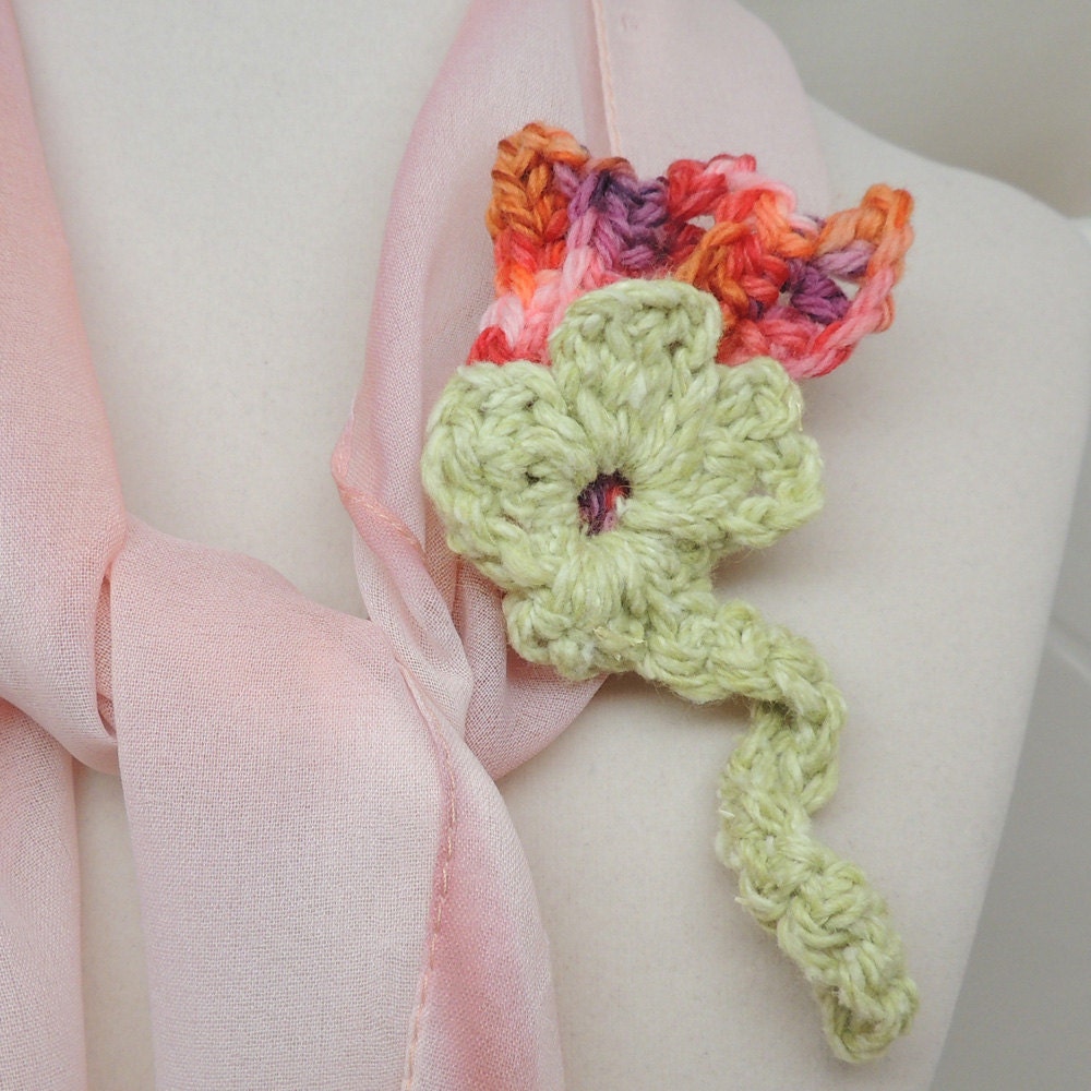 Crocheted Flower Bud with Stem on Pin Back