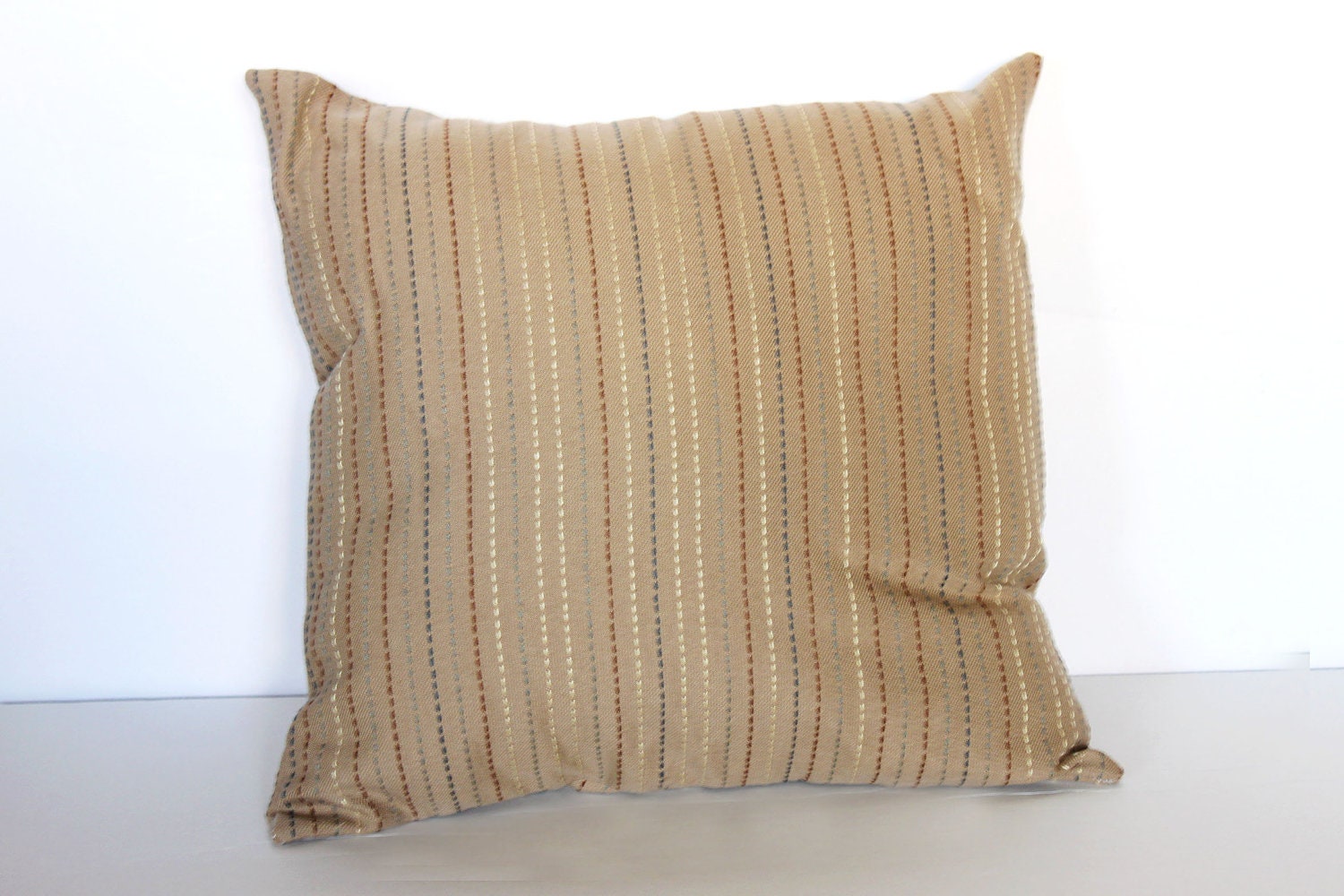 ONE - 18 x 18 Brown, Cream and Blue with Stitched Stripes Pillow Cover