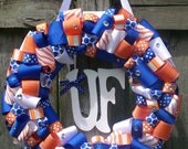 University of Florida Orange and Blue Ribbon Wreath with Wooden Letters for Tailgating/Birthday Party, or Themed Baby Shower