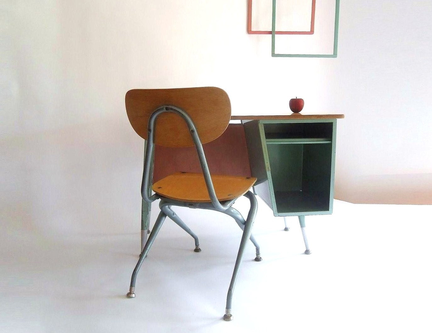 SALE 15% Off. K - 4 Retro Mid Century School Desk and Chair. Turquoise/Teal and Pink. Eames Era.