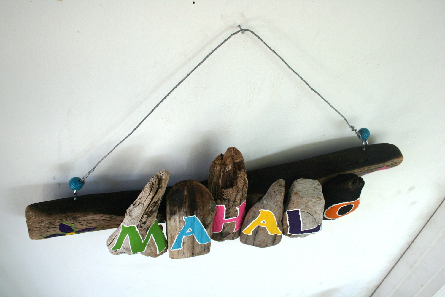 Hanging MAHALO Driftwood Sculpture with Yellow, Lime Green, Bright Blue Plumeria (Made to Order)