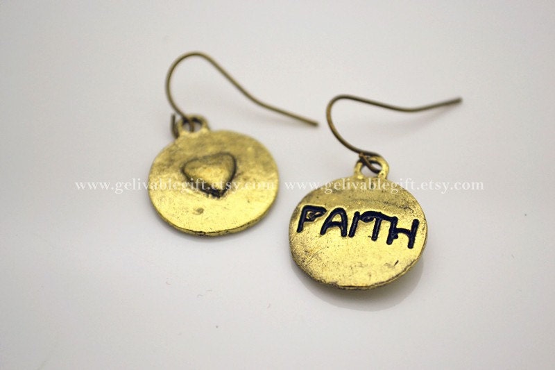 SALE- Round  earrings with words FAITH pendant, double size with Love Heart at the back side  ERP01