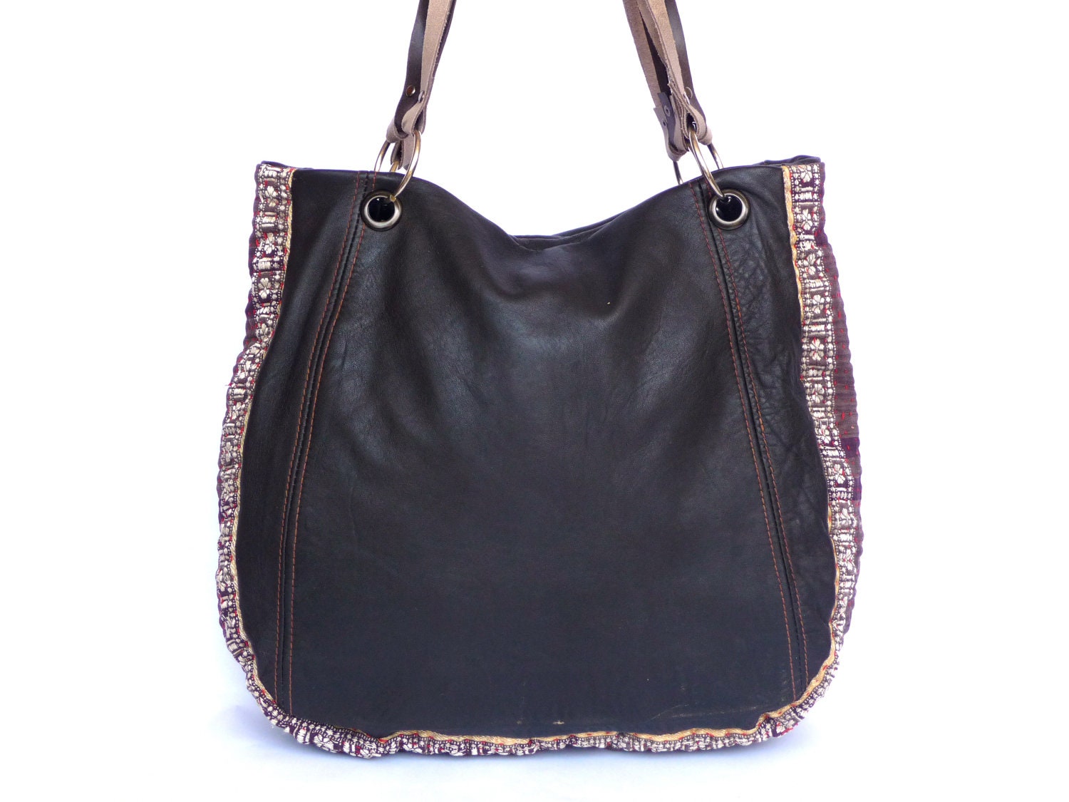 recycled leather and kantha quilt bag / tote