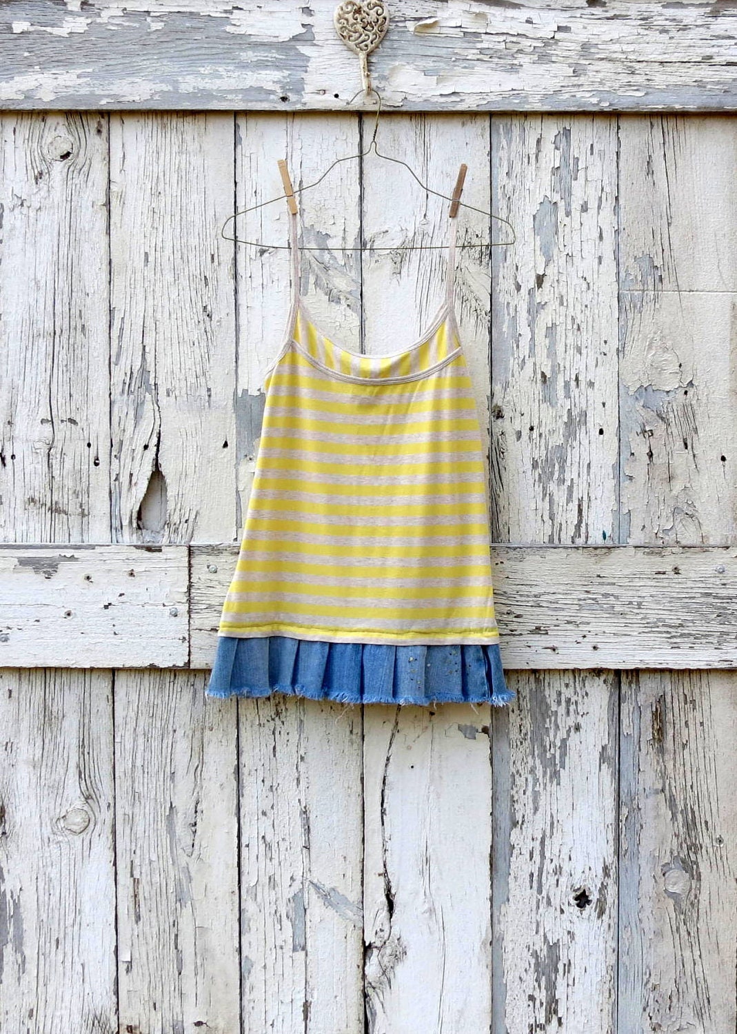 Zippity Do Da Yellow Tank Top upcycled striped tank with sweet demin ruffle summer boho hippie