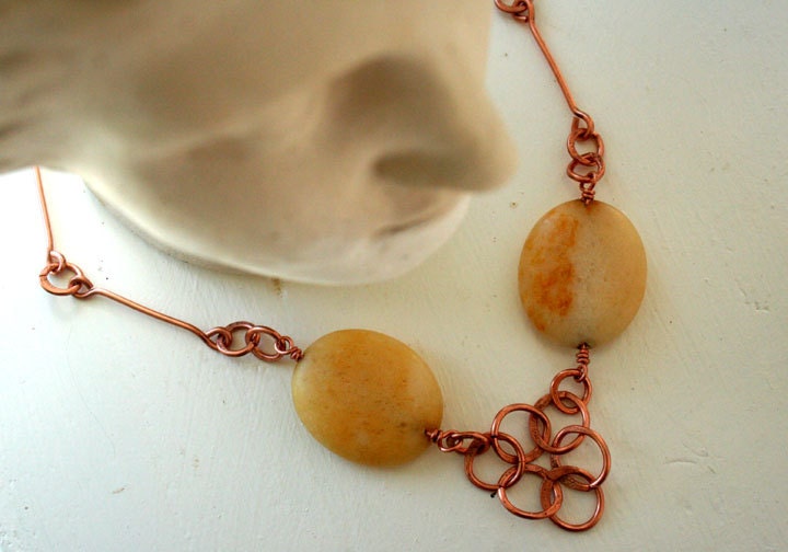 Handcrafted Copper Necklace, Cream Colored Gemstone Beads, Handmade Chain and Clasp